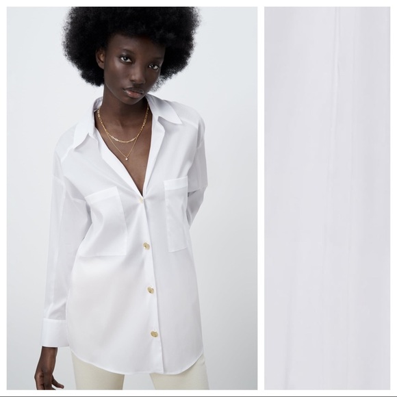 NWT. Zara White Long Blouse with Gold Buttons. Size M. - Picture 1 of 11